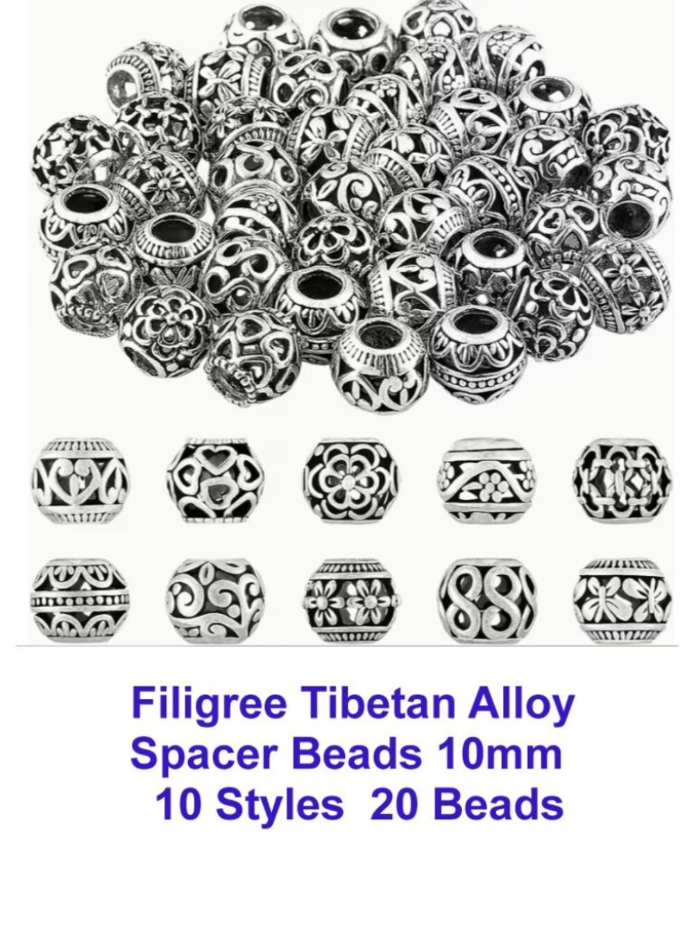 Filigree Tibetan Alloy Spacer Beads 10mm   10 Styles  20 Beads
